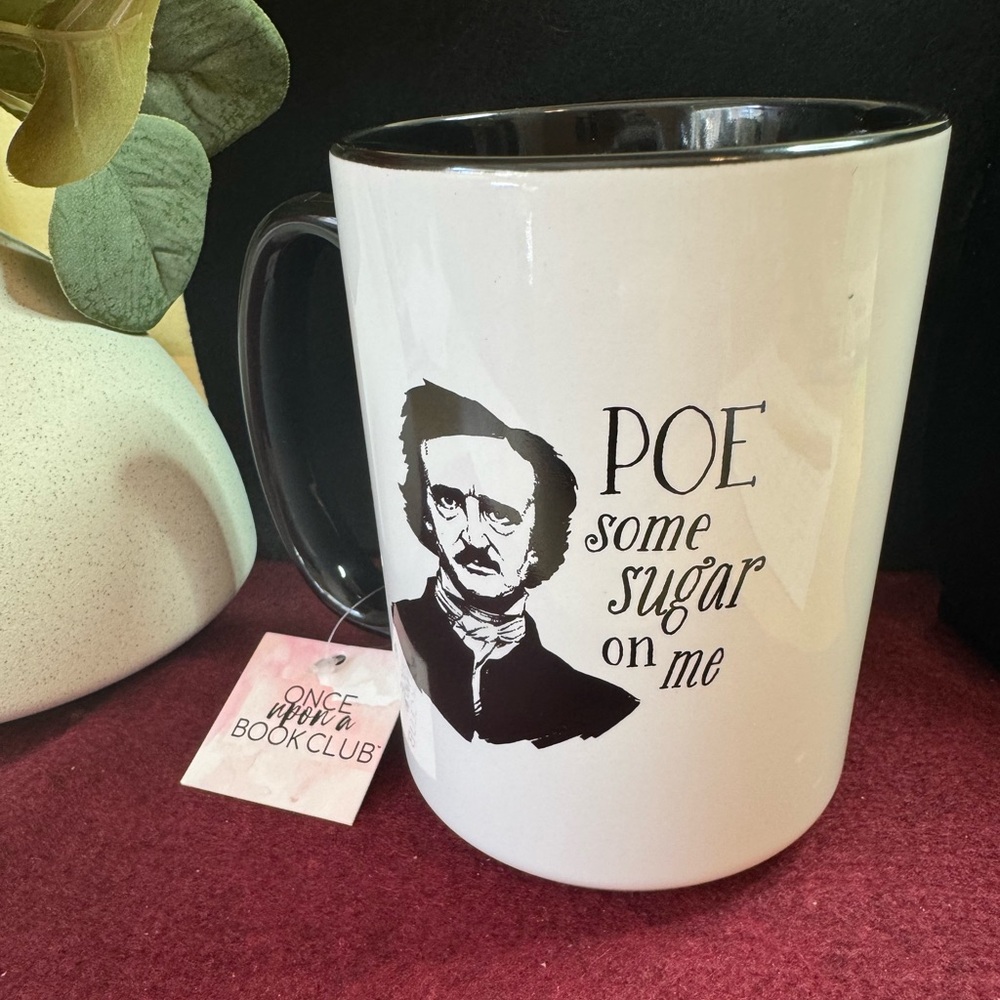 NWT black & white Edgar Allen Poe illustrated mug w/ text “Poe some sugar on me”